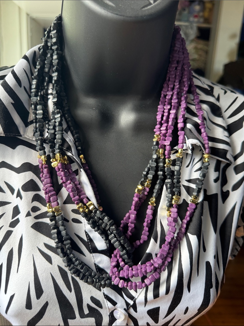 Multi-Strand Purple and Black Beaded Necklace with Gold Accents